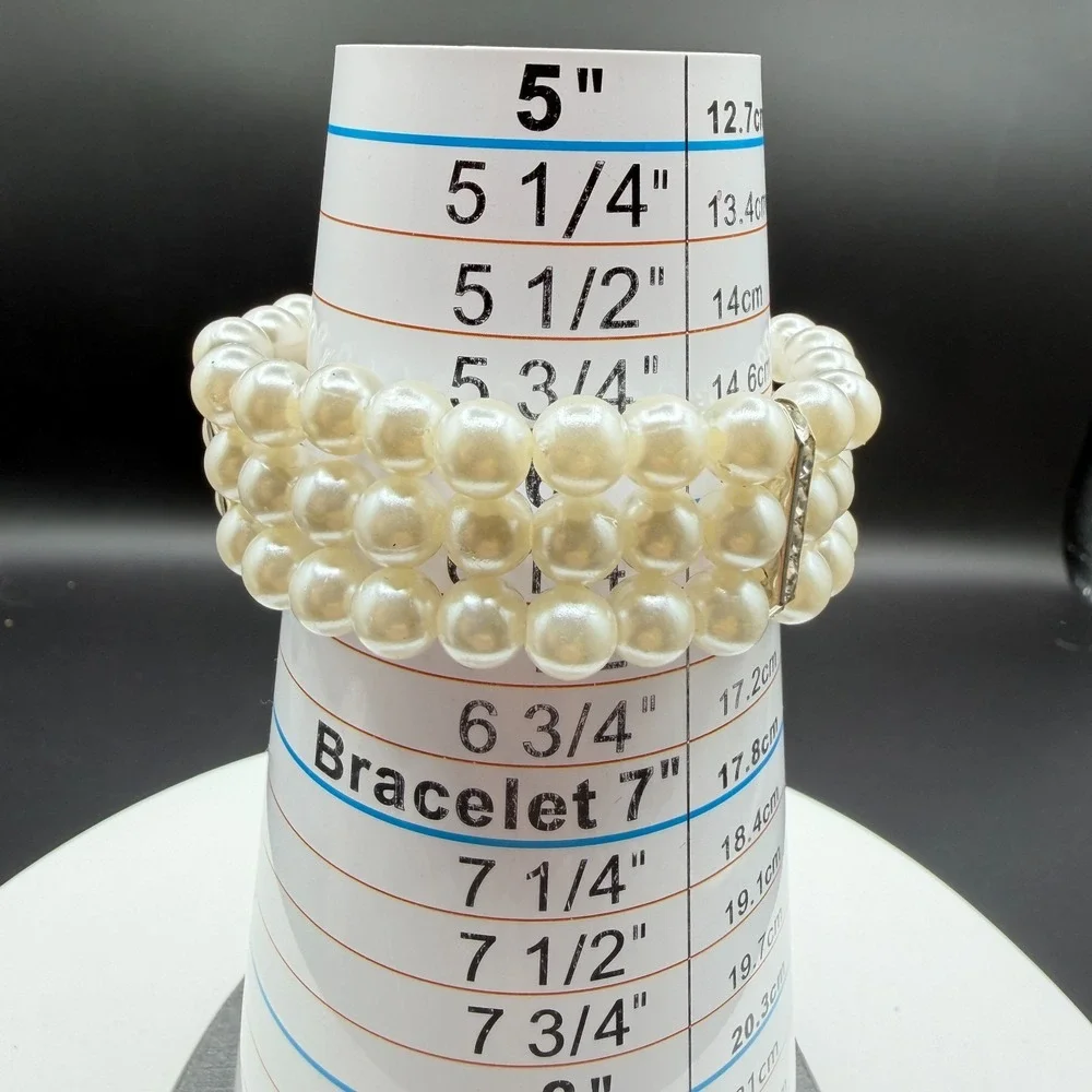 Three Strand Faux Pearl Rhinestone Stretch Bracelet Cuff Cream Statement Jewelry